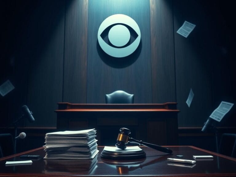 Flick International Darkened courtroom scene with a judge's bench and legal documents, symbolizing Trump's lawsuit against CBS