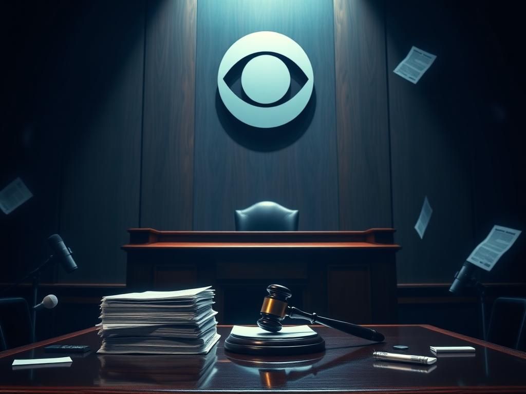 Flick International Darkened courtroom scene with a judge's bench and legal documents, symbolizing Trump's lawsuit against CBS