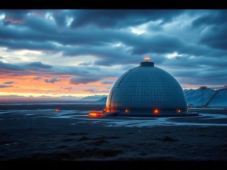 Flick International A vibrant, metallic dome structure resembling a high-tech missile defense system against a dramatic sky