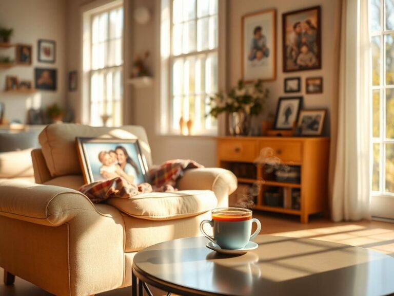 Flick International A warm, inviting living room with a comfortable beige armchair, a side table with a framed family photo, and a steaming cup of herbal tea.