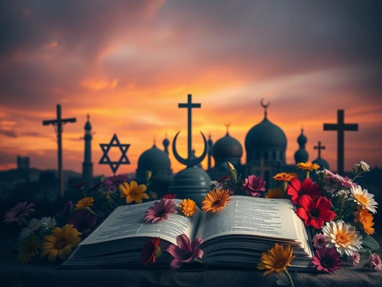Flick International Diverse religious symbols representing Judaism, Islam, and Christianity against a serene twilight sky