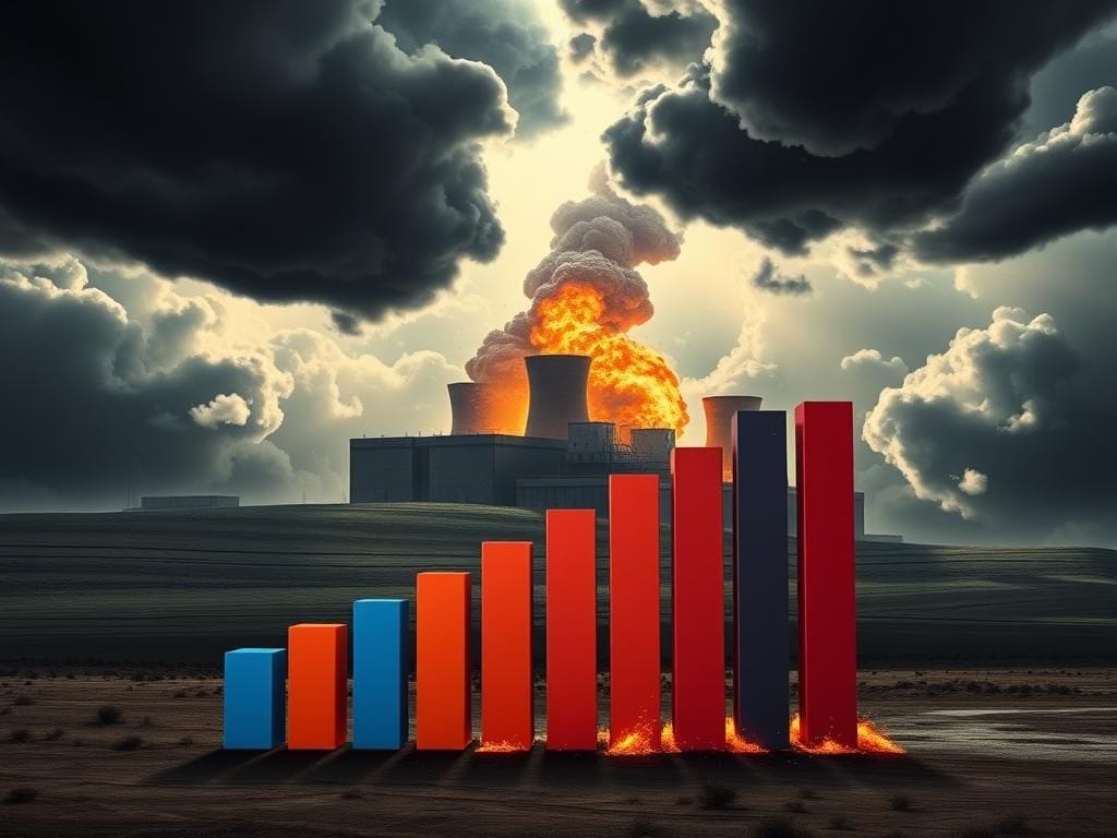 Flick International Aerial view of a military strike on a nuclear facility surrounded by storm clouds