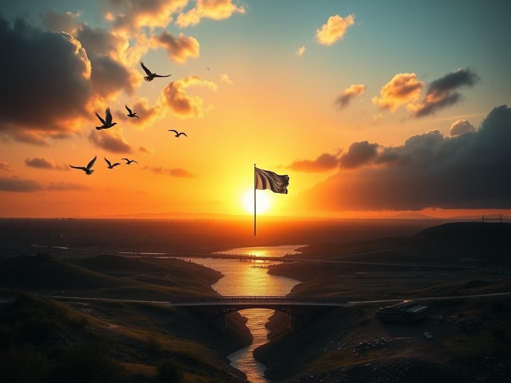 Flick International A dramatic landscape showcasing a peaceful sunset cityscape contrasted with a war-torn terrain, symbolizing hope and conflict.