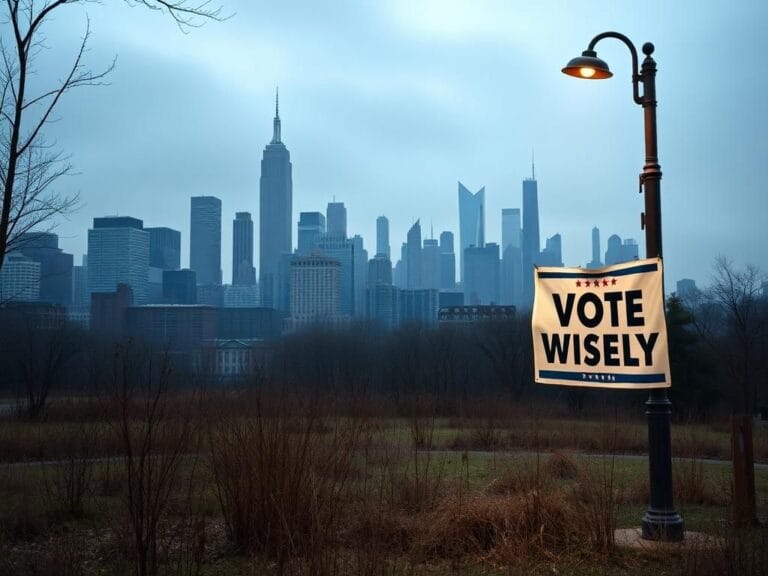 Flick International A foggy view of New York City skyline at dusk with a weathered campaign poster in the foreground