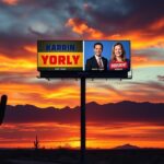 Flick International A dramatic sunset over Arizona's desert landscape with a billboard displaying campaign ads for Andy Biggs and Karrin Taylor Robson