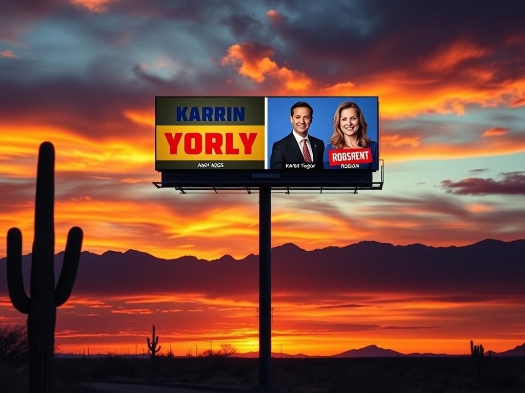 Flick International A dramatic sunset over Arizona's desert landscape with a billboard displaying campaign ads for Andy Biggs and Karrin Taylor Robson