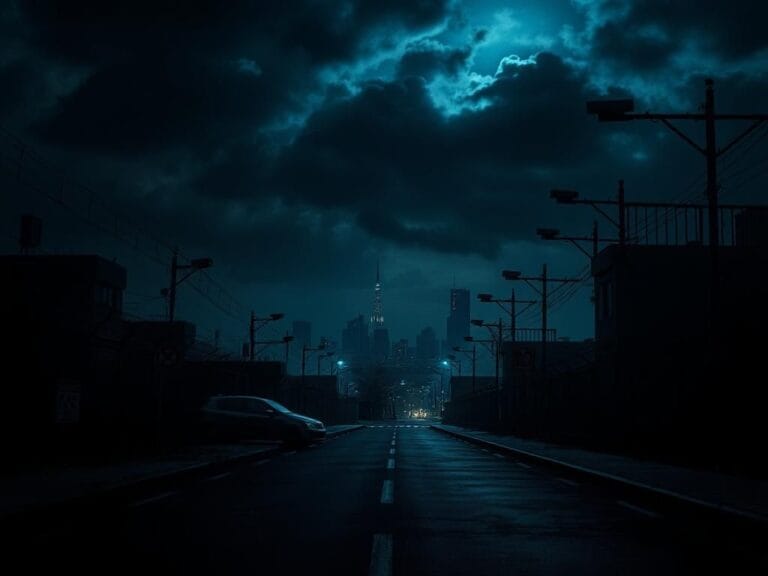 Flick International Dark urban landscape at night with ominous clouds and barbed wire fences