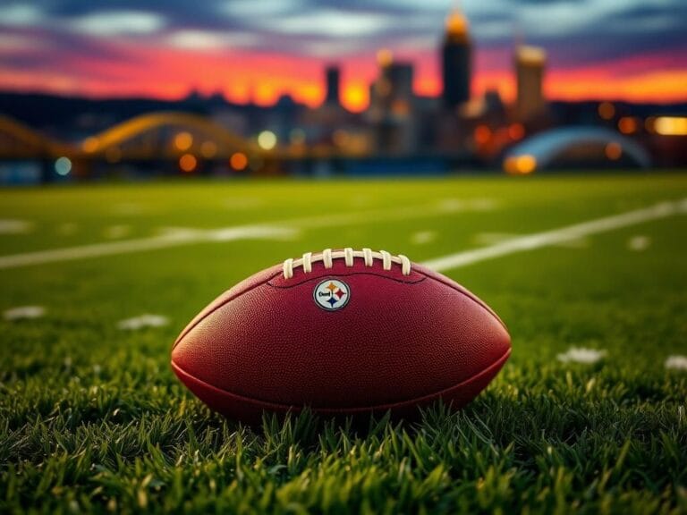 Flick International A classic football resting on lush grass with a blurred Pittsburgh skyline at dusk
