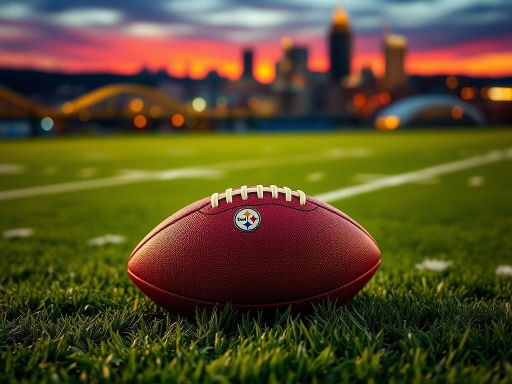 Flick International A classic football resting on lush grass with a blurred Pittsburgh skyline at dusk