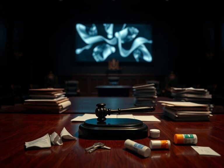 Flick International Dark courtroom with a gavel and stacks of legal documents