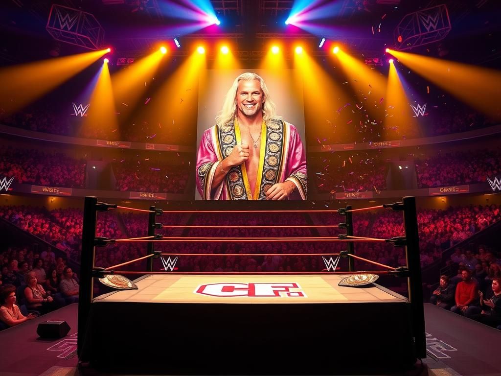 Flick International Dramatic wrestling ring illuminated by colorful spotlights in a packed arena