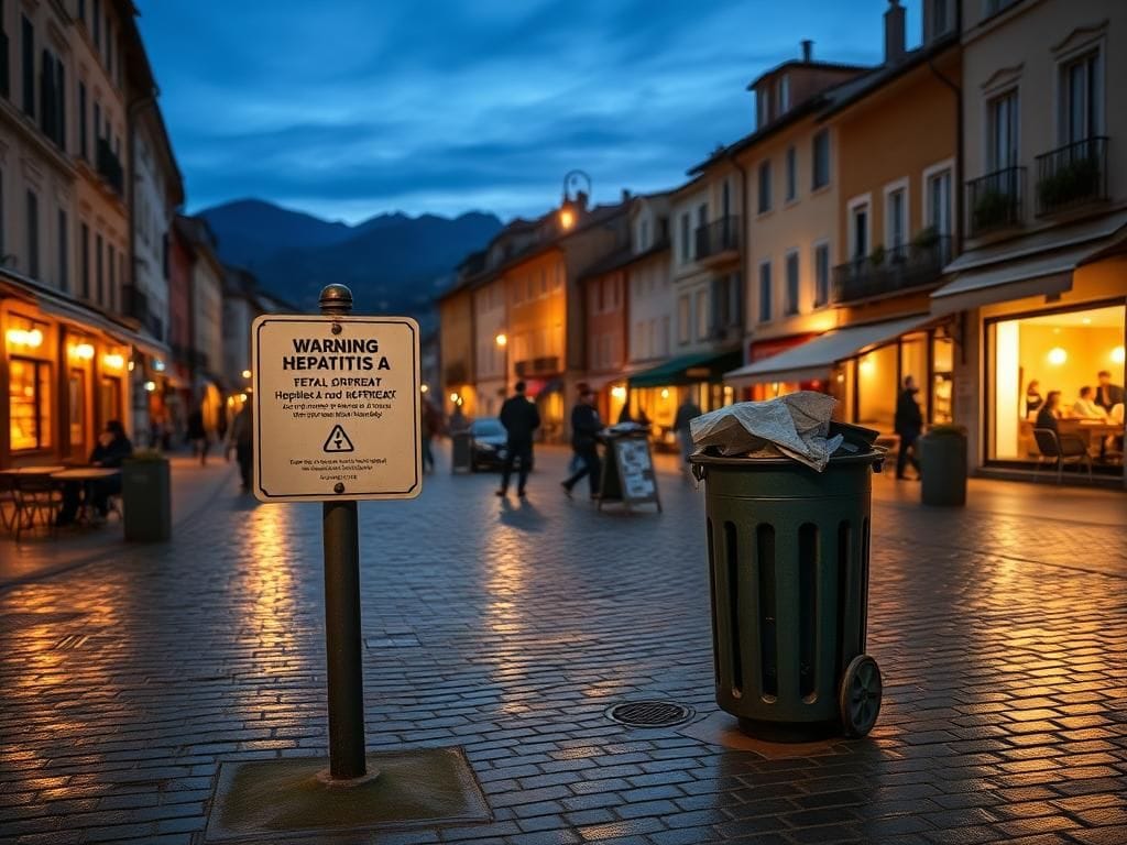 Flick International A serene European street with a warning sign about hepatitis A amidst charming cafes and shops.