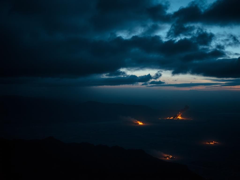Flick International Aerial view of a desolate Iranian landscape at dusk with smoke from explosions and nuclear facilities