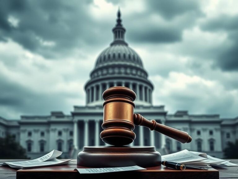 Flick International A solemn gavel on a wooden podium with the U.S. Capitol building in the background under dark clouds