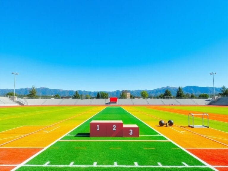 Flick International Outdoor high school track and field venue showcasing a serene athletic field with vibrant green grass and empty podiums awaiting winners.