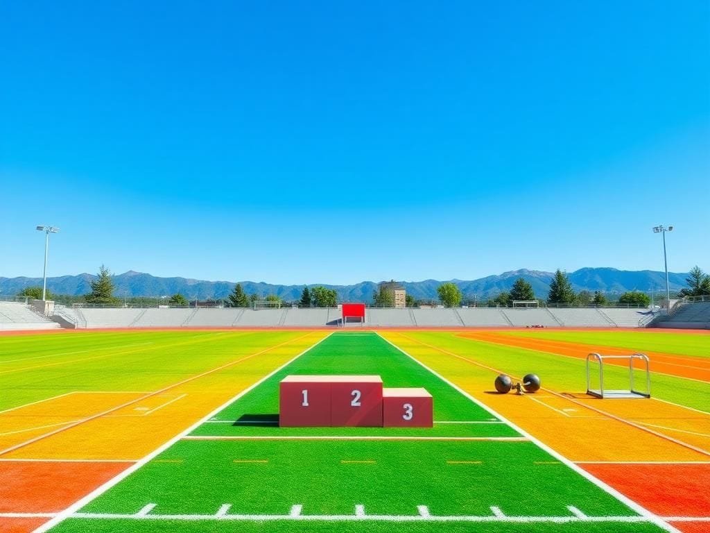 Flick International Outdoor high school track and field venue showcasing a serene athletic field with vibrant green grass and empty podiums awaiting winners.