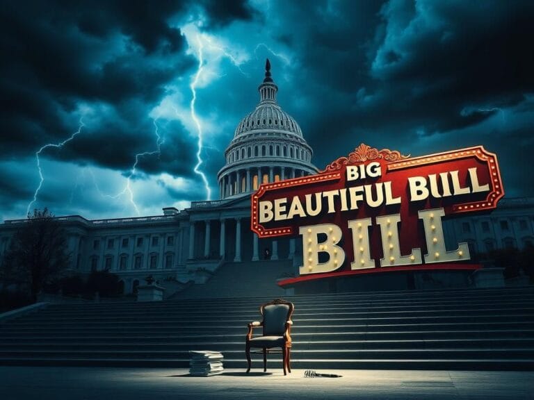 Flick International Dramatic view of the U.S. Capitol building with stormy skies and a spotlighted 'BIG, BEAUTIFUL BILL' sign