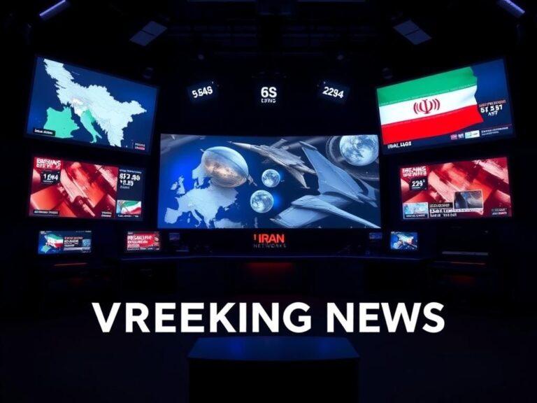 Flick International Darkened television studio with glowing monitors and breaking news graphics about US strikes on Iran