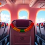 Flick International Vibrant airline interior scene decorated with rainbow-themed decorations for Pride month celebration