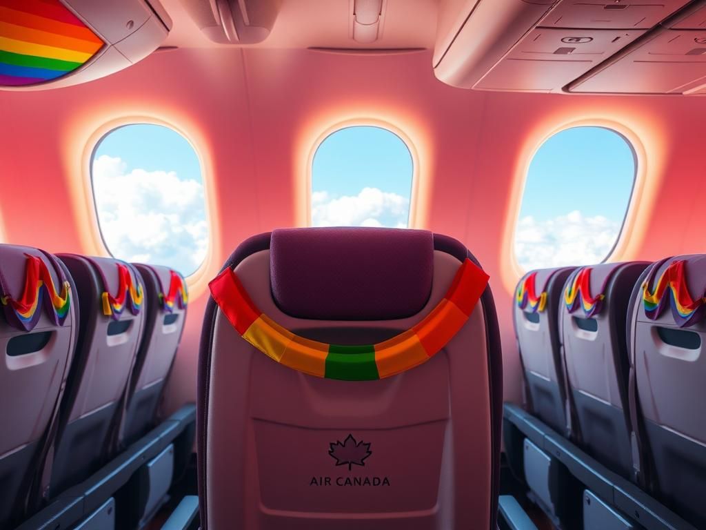 Flick International Vibrant airline interior scene decorated with rainbow-themed decorations for Pride month celebration