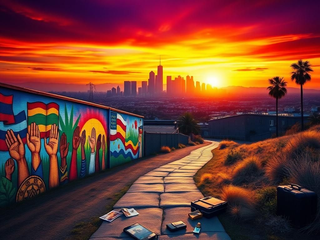 Flick International A vibrant mural celebrating immigrant stories in a colorful Los Angeles landscape.