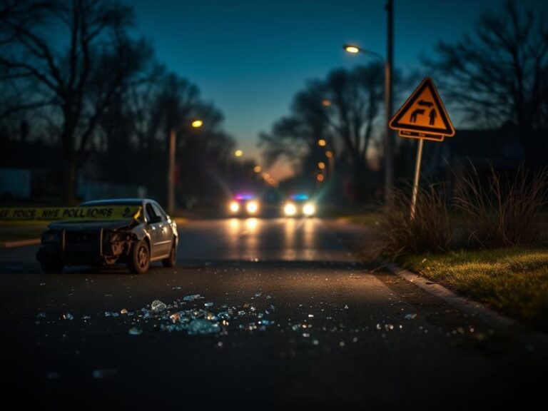 Flick International A somber scene of a car accident on a suburban street in Dublin, Ohio, with flashing police lights and shattered glass.