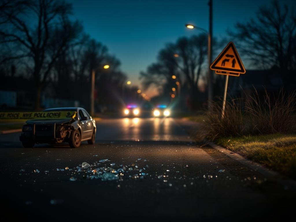 Flick International A somber scene of a car accident on a suburban street in Dublin, Ohio, with flashing police lights and shattered glass.