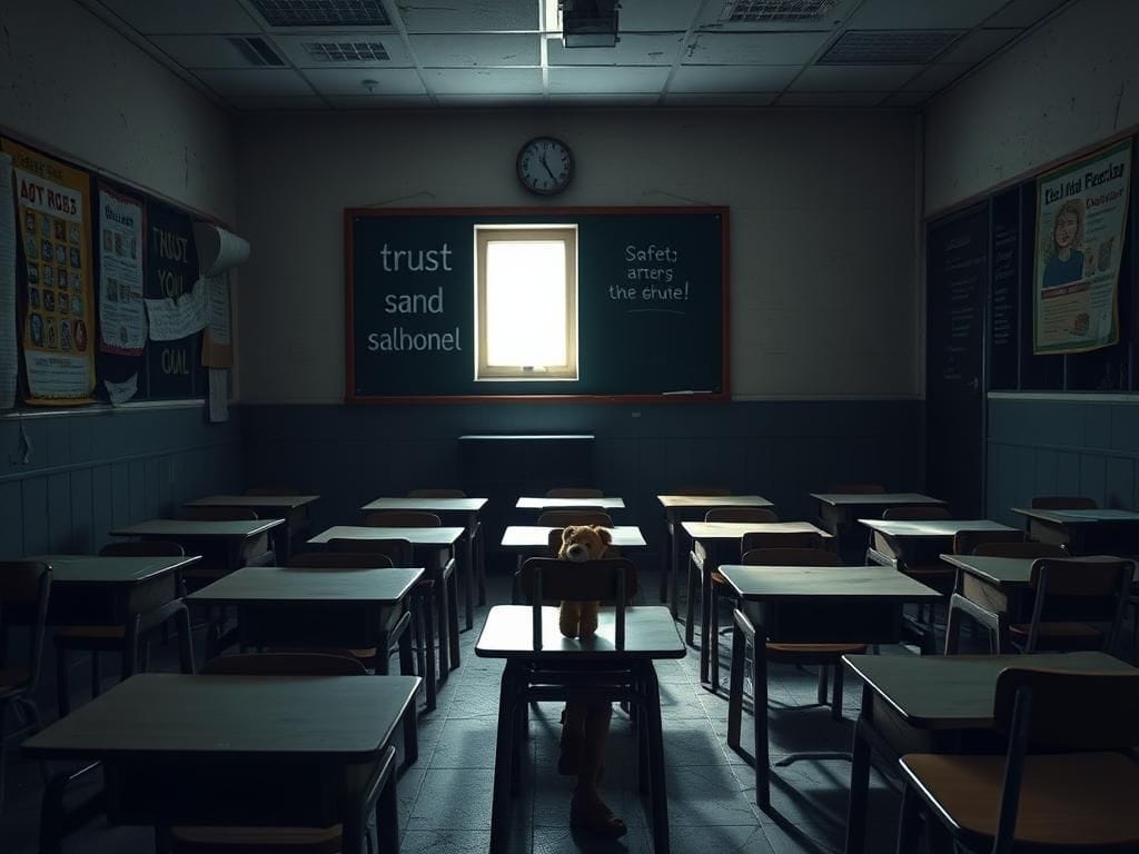 Flick International A dimly lit classroom with abandoned desks and chairs, symbolizing betrayal and lost innocence