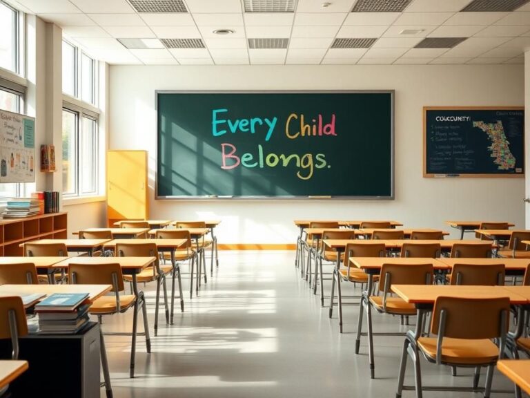 Flick International A large, empty classroom with neatly arranged desks facing a chalkboard that reads 'Every Child Belongs'