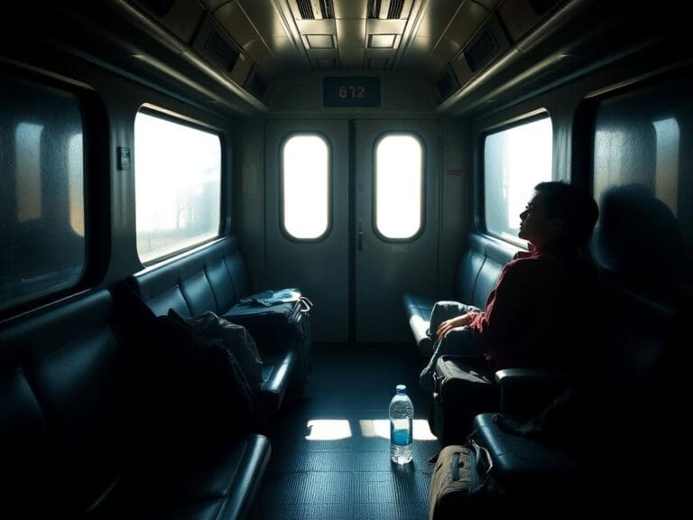 Flick International Dimly lit interior of an Amtrak train carriage with empty seats and disheveled luggage