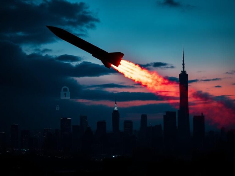 Flick International Darkened city skyline with missile launch silhouette symbolizing military tensions