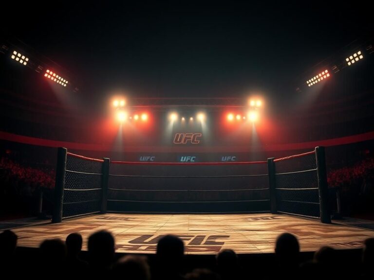 Flick International Dramatic view of an empty UFC Octagon illuminated under bright lights