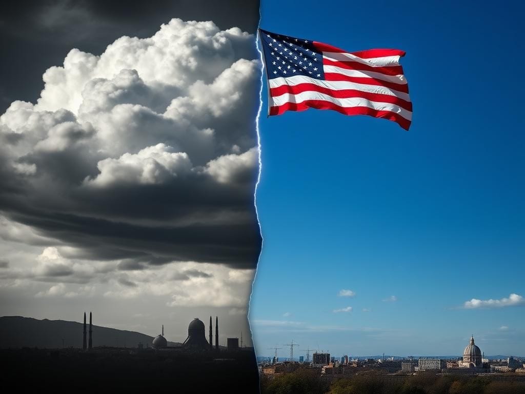 Flick International Split landscape showcasing the contrasting tension between Tehran's nuclear skyline and the serene American flag