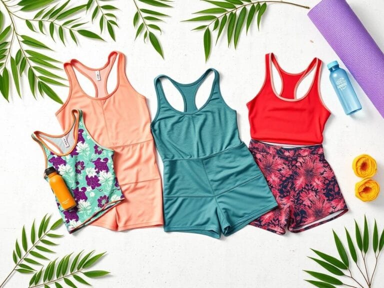 Flick International A vibrant flat lay of Amazon Essentials ultra-soft activewear featuring colorful tank tops, high-waist leggings, and yoga shorts