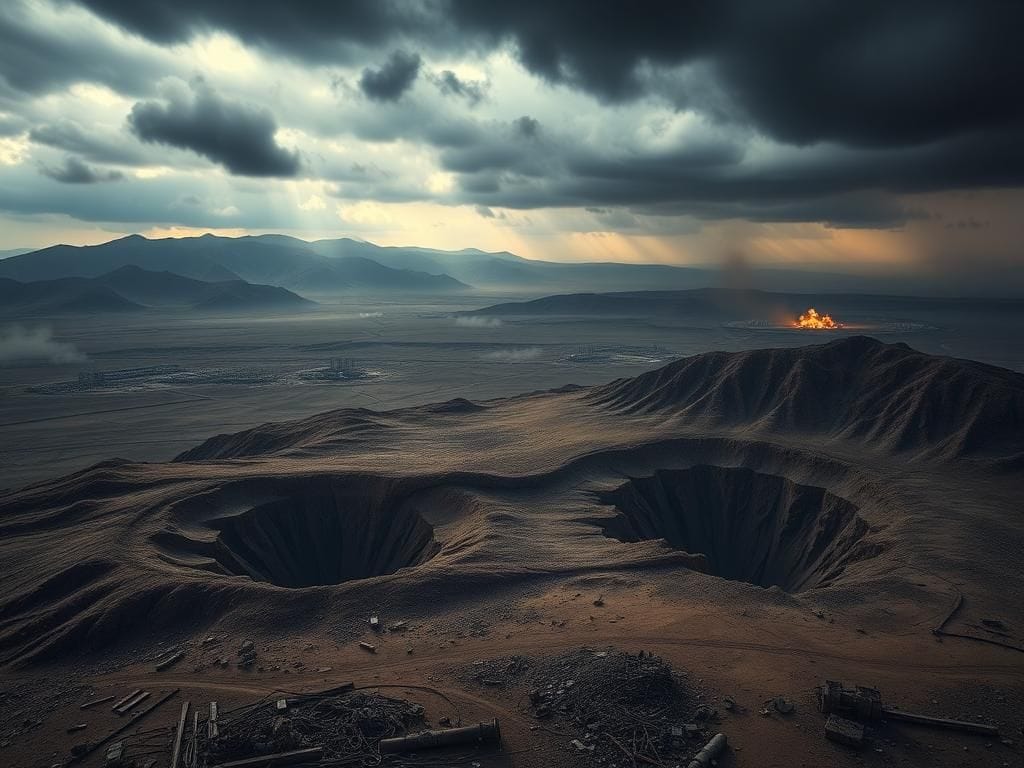 Flick International Aerial view of rugged mountainous terrain showing craters from explosions near Iran's nuclear sites