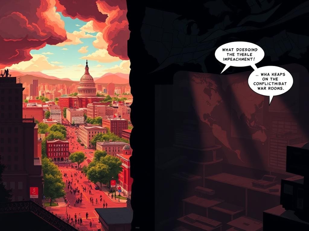 Flick International A dramatic split landscape depicting contrasting political ideals with vibrant urban activism and a dark military war room.