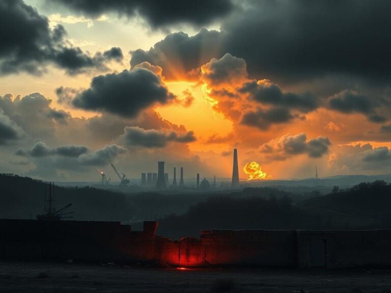 Flick International Abstract representation of military conflict with stylized imagery of nuclear facilities