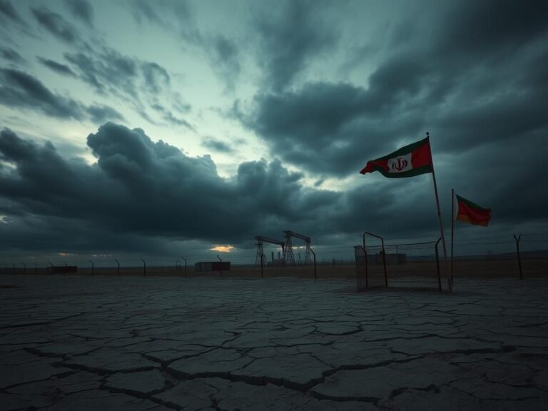 Flick International A desolate Iranian landscape at dusk with dark clouds and cracked earth symbolizing conflict