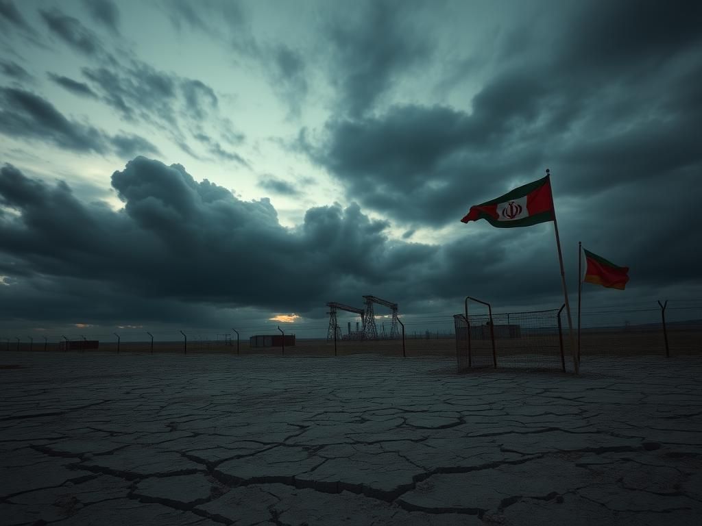 Flick International A desolate Iranian landscape at dusk with dark clouds and cracked earth symbolizing conflict