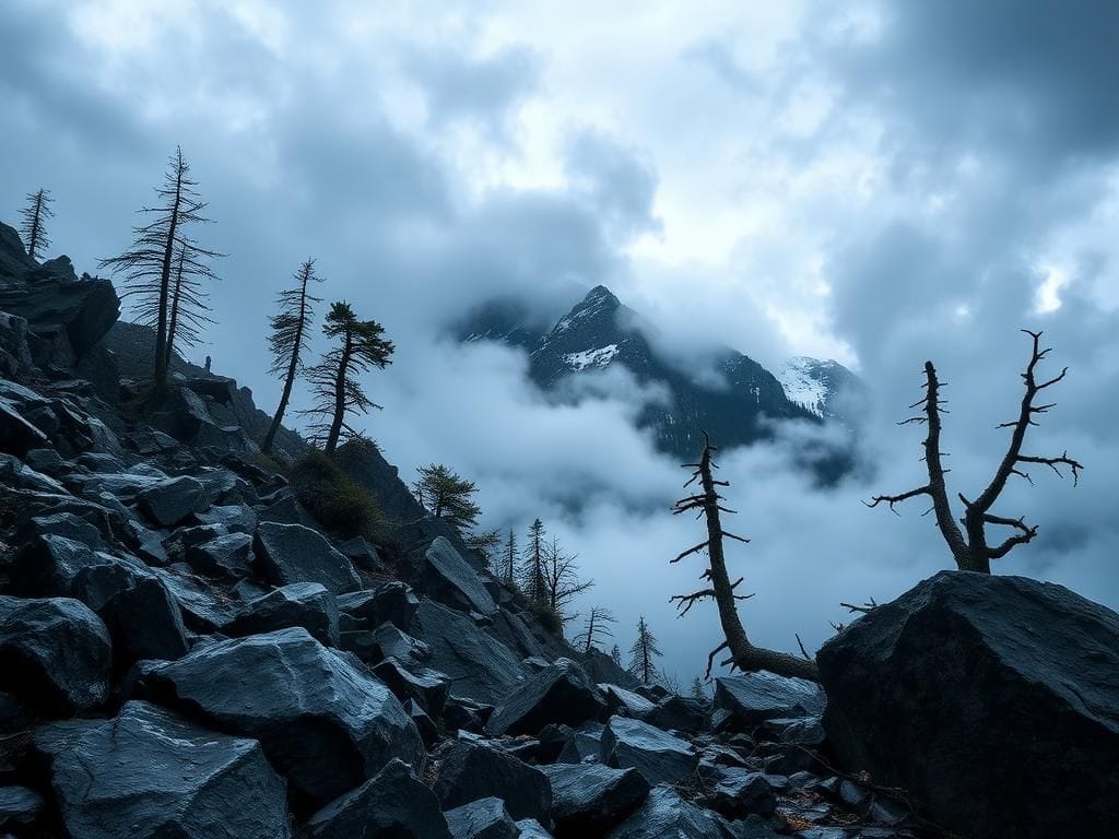 Flick International A dramatic view of Mount Washington covered in mist and low-hanging clouds