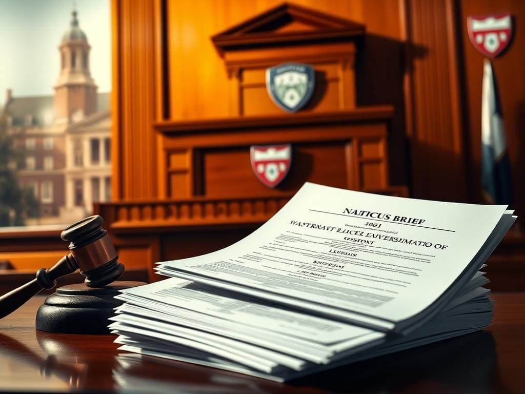 Flick International Courtroom scene with gavel and legal documents representing Trump's funding freeze against Harvard's response to antisemitism