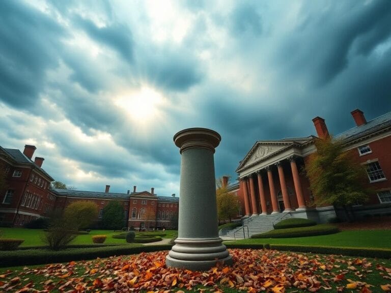 Flick International A grand view of Harvard University's historic campus with a stone pillar surrounded by fallen leaves