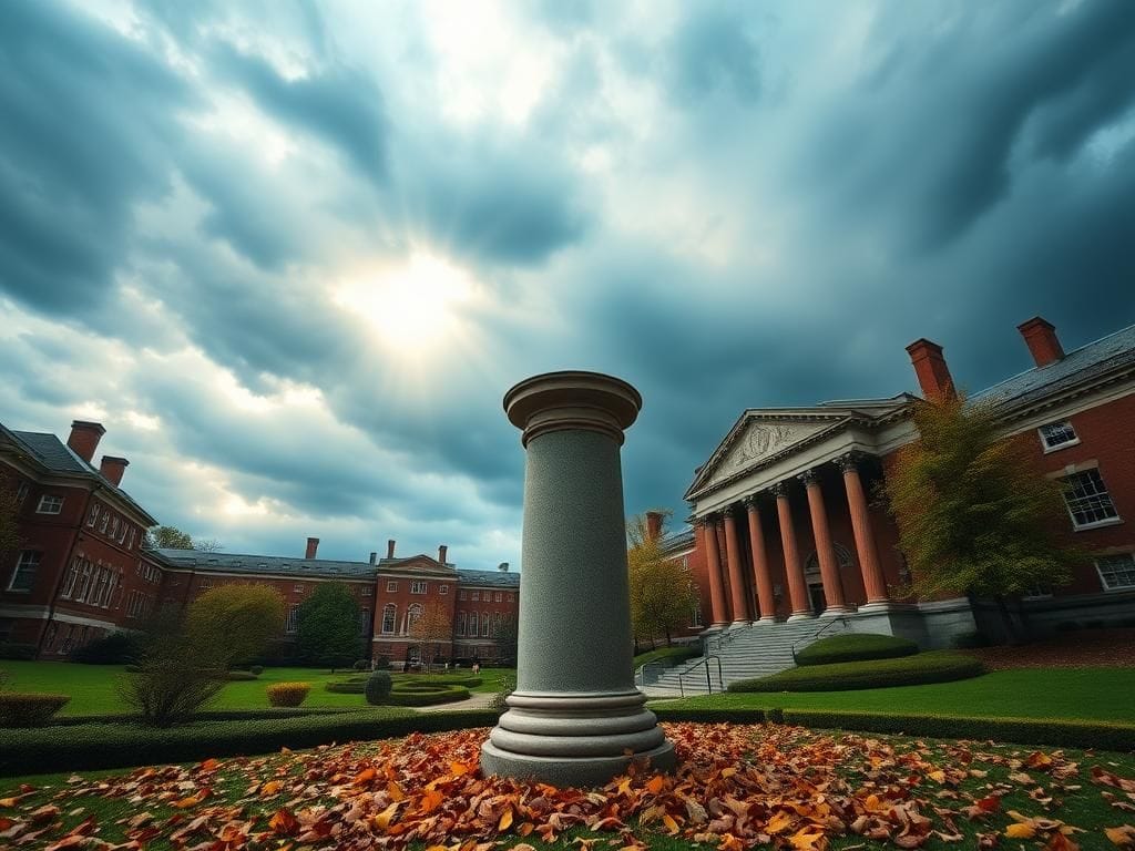 Flick International A grand view of Harvard University's historic campus with a stone pillar surrounded by fallen leaves