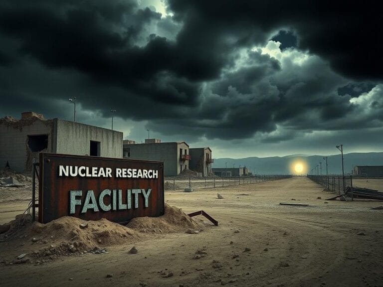 Flick International Desolate landscape of a damaged nuclear facility in Iran with crumbling buildings and a rusted sign