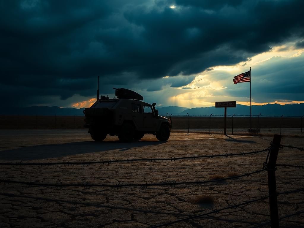 Flick International Silhouette of a National Guard vehicle at a border checkpoint in a tense landscape
