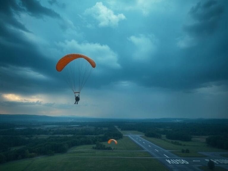 Flick International A skydiver descending with a colorful parachute against a dramatic sky, symbolizing adventure and impending tragedy.