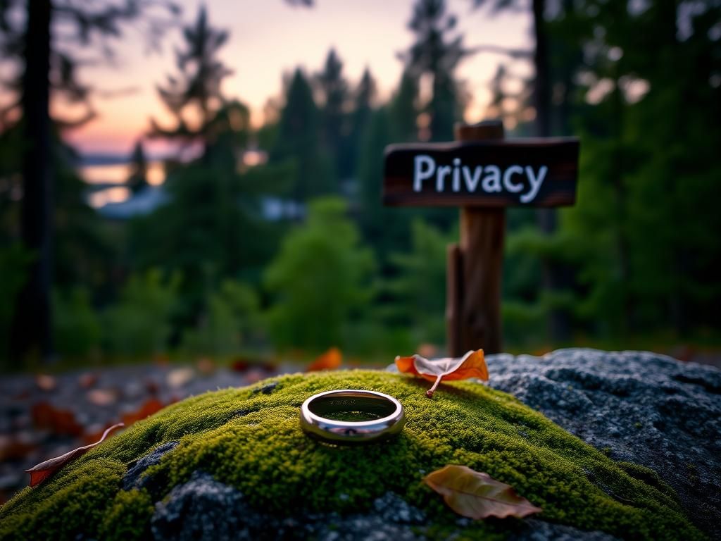 Flick International Serene outdoor scene at dusk featuring a rustic signpost symbolizing privacy with a wedding band and autumn leaves