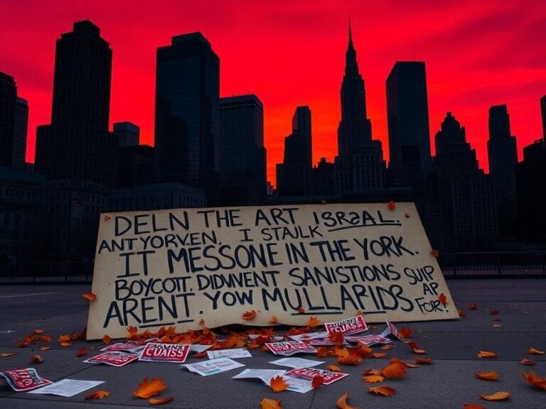 Flick International A dynamic New York City skyline at dawn with a protest sign reflecting anti-Israel activism