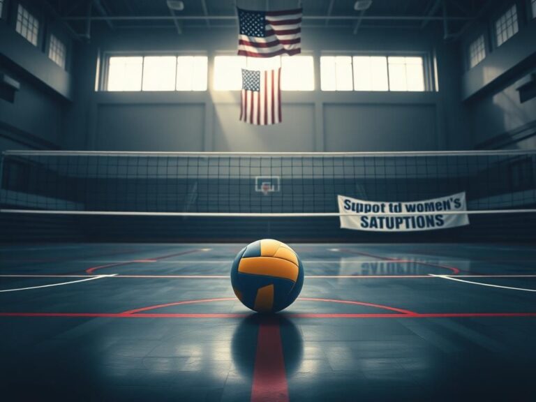 Flick International A volleyball court in an empty gymnasium with a lone volleyball near the net