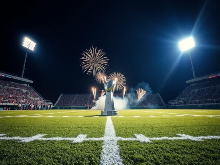 Flick International A gleaming Vince Lombardi Trophy on a football field under stadium lights